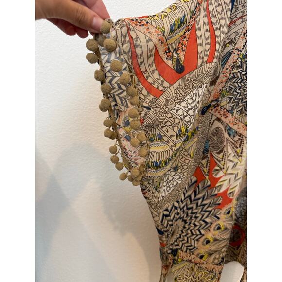 Umgee‎ Boho Feather Print Kimono Pompom Trim Small/Medium - Picture 4 of 5